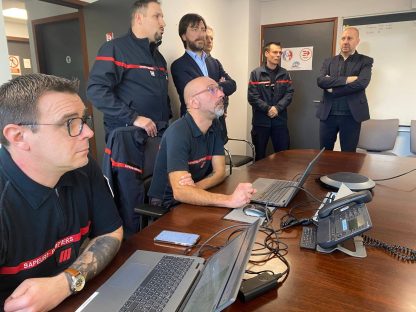 Le contrôleur général du SDIS 31, l'équipe projet et le directeur de l'ANSC, le 6 février pour échanger sur le déploiement du système NexSIS